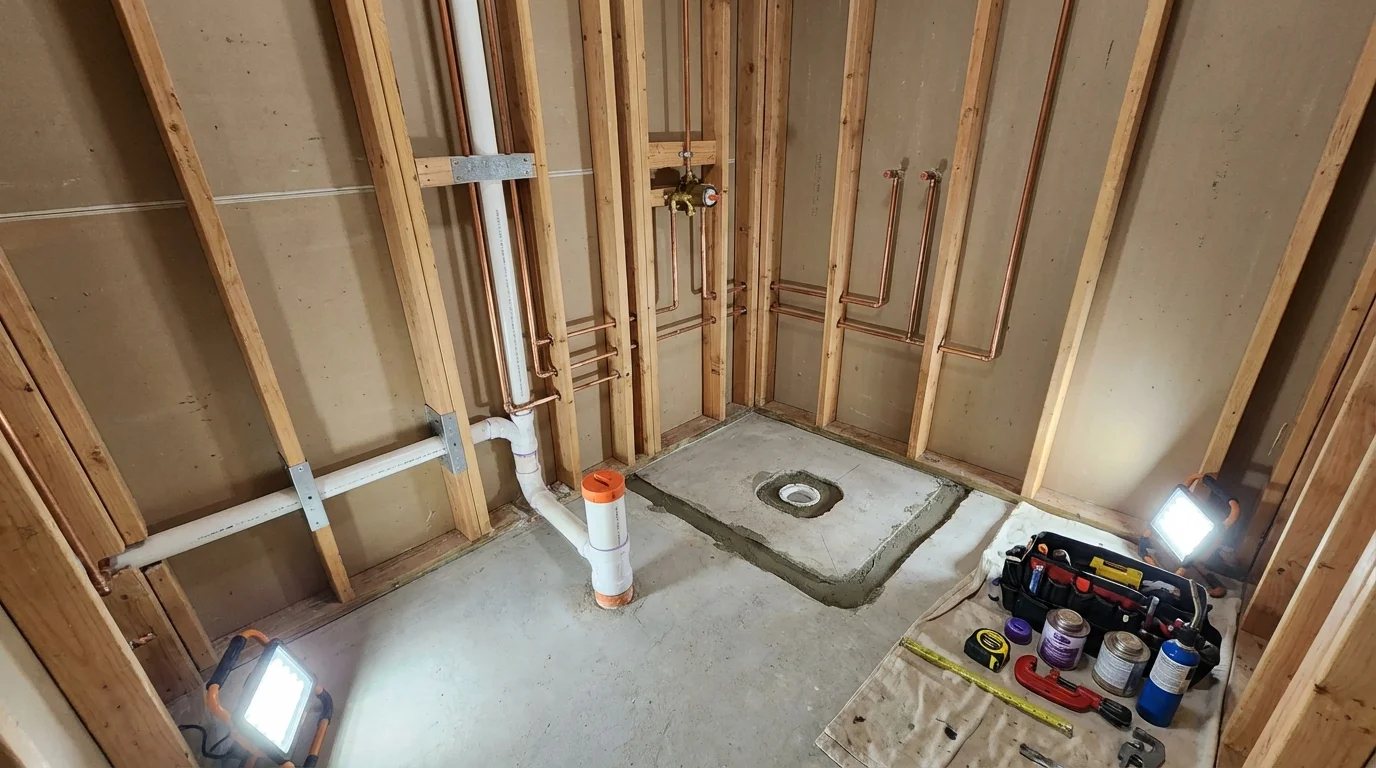Bathroom rough-in plumbing during remodel by Johns Plumbing LLC in Dravosburg