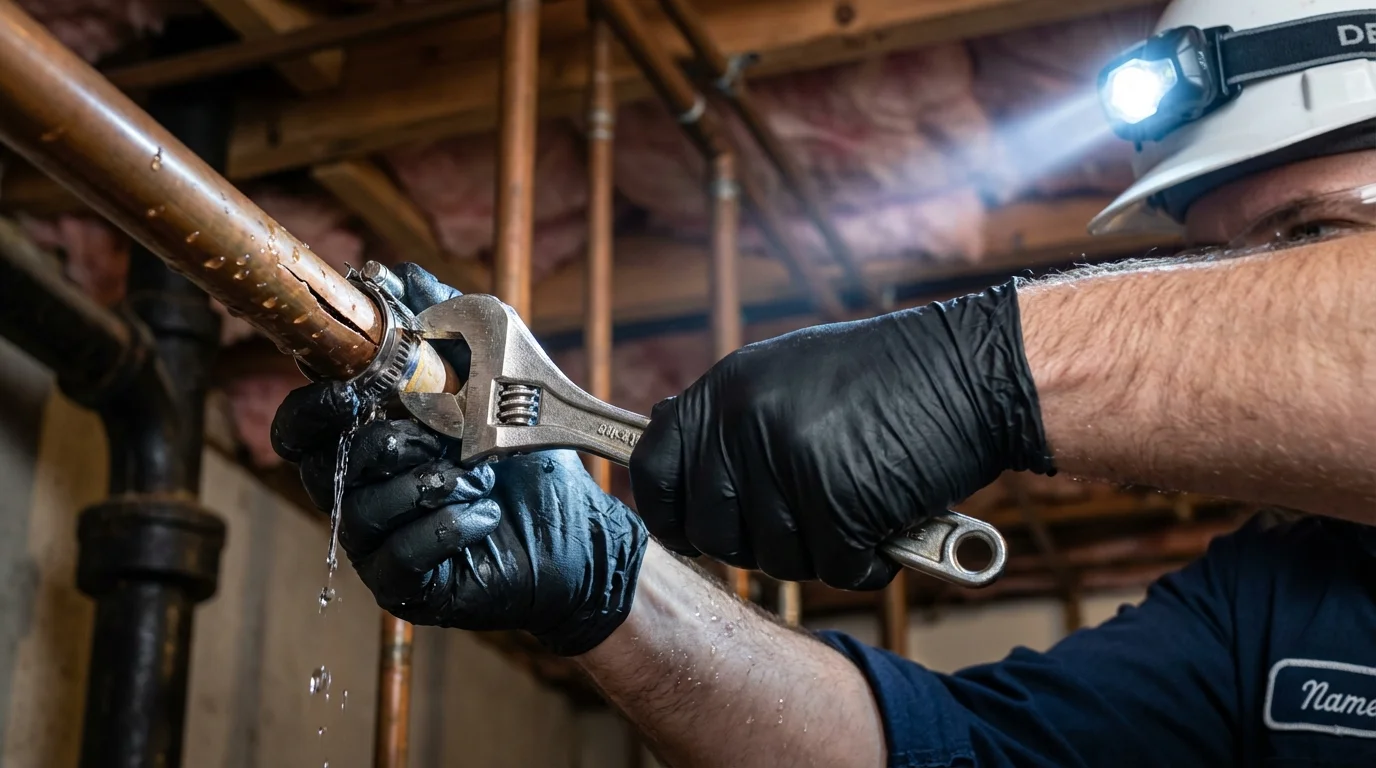 Emergency pipe clamp repair being performed by a Johns Plumbing LLC plumber in Dravosburg